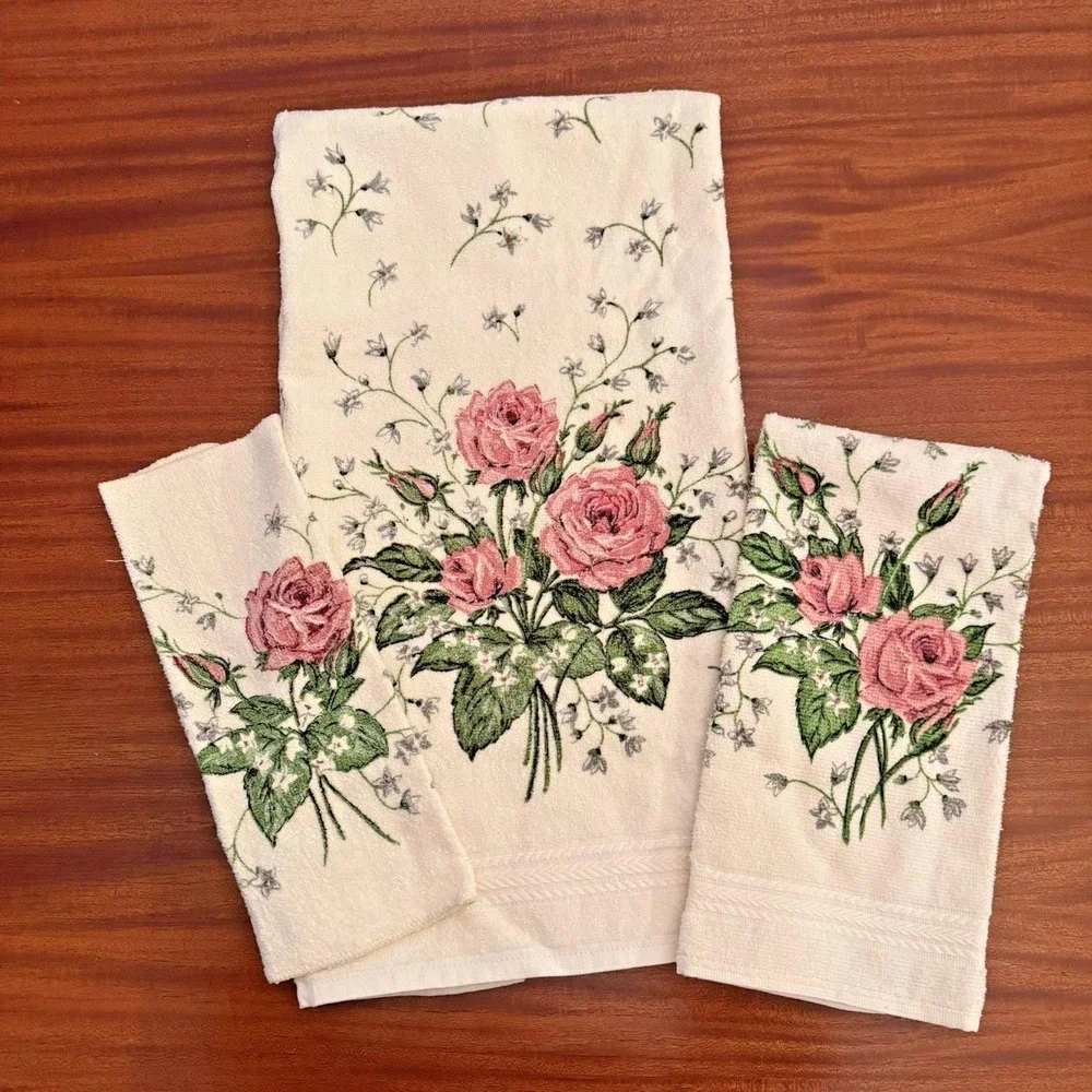 R.A.‎ Briggs Vintage Rose Towel Set – 3 Pc Bath Hand Washcloth – 1987 USA NOS